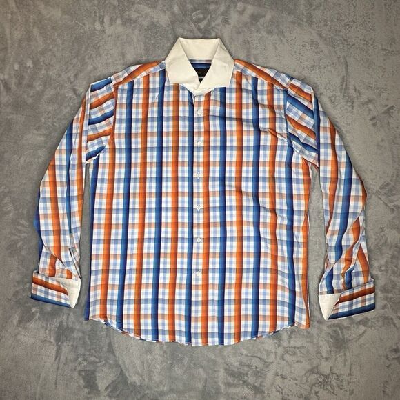 Tiglio Luxe Doppio Ritorio Sz 17 34/35 Cotton Button Shirt Blue Red Orange Plaid - Picture 2 of 11